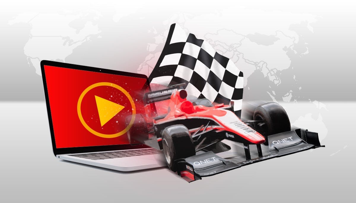 F1 car with chequered flag and laptop illustration
